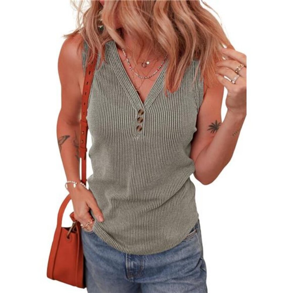 Womens Tank Tops Summer Sleeveless V Neck Ribbed Knit Slim Fitted
